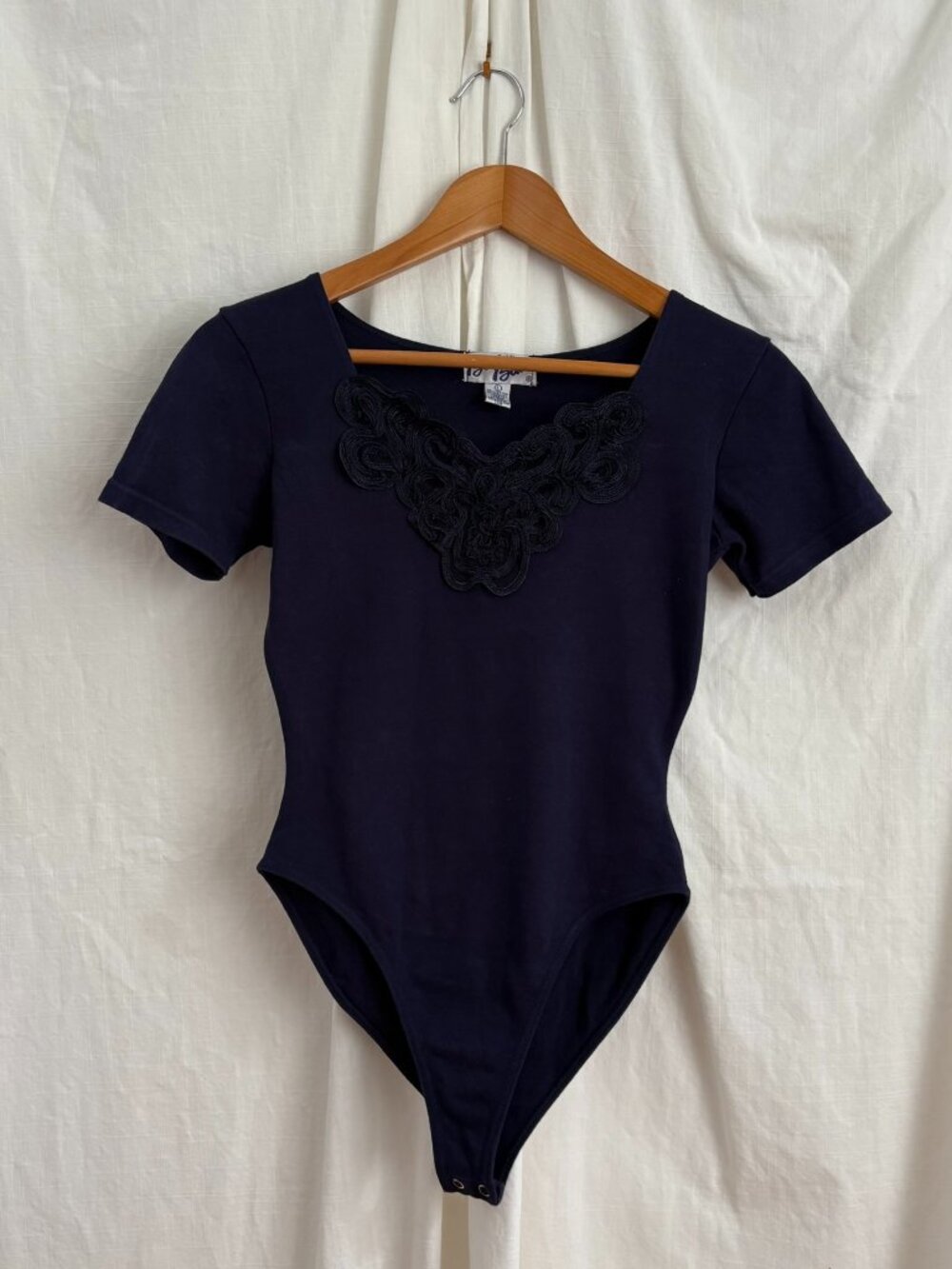 Vintage 90s Betty Blue Navy Bodysuit Sweetheart Neck L Minimalist Chic Cotton